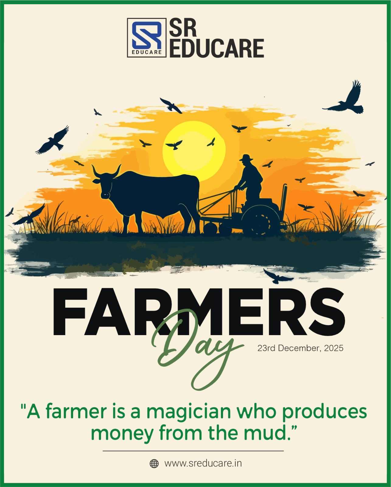 Saluting the backbone of our nation — our farmers.
Their hard work, dedication, and resilience nourish millions every single day.
Happy Farmer’s Day! 🌾✨

#FarmersDay #KisanDiwas #RespectForFarmers #IndianFarmers #AgricultureIndia #Gratitude #SREducare