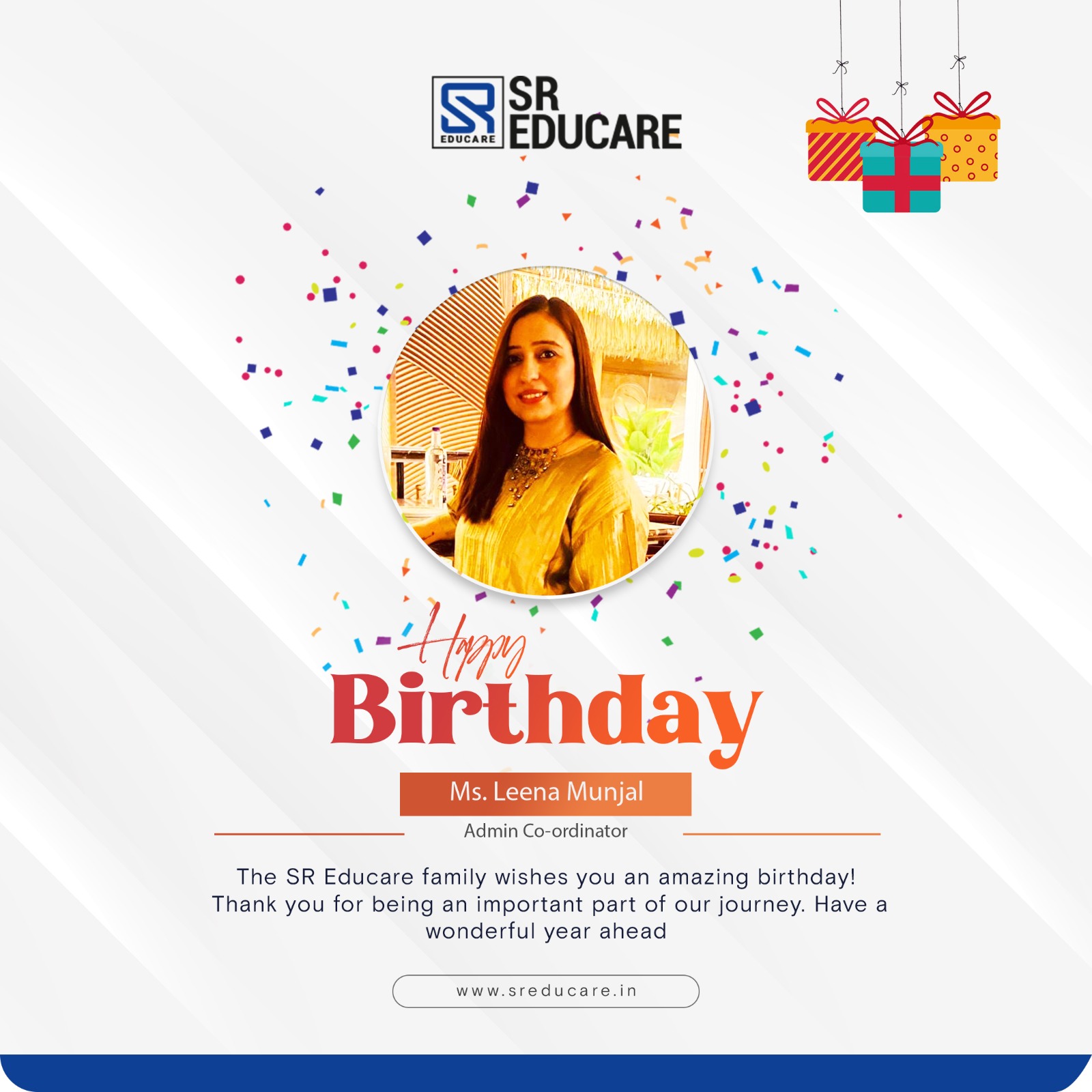 Happy Birthday, Ms. Leena Munjal! 🎉✨
Wishing you a day full of smiles, laughter, and beautiful memories that last a lifetime. May this year bring you exciting adventures, unstoppable growth, and endless reasons to celebrate! 💫💐

#HappyBirthday #JoyfulVibes #CelebrateLife #SREducare