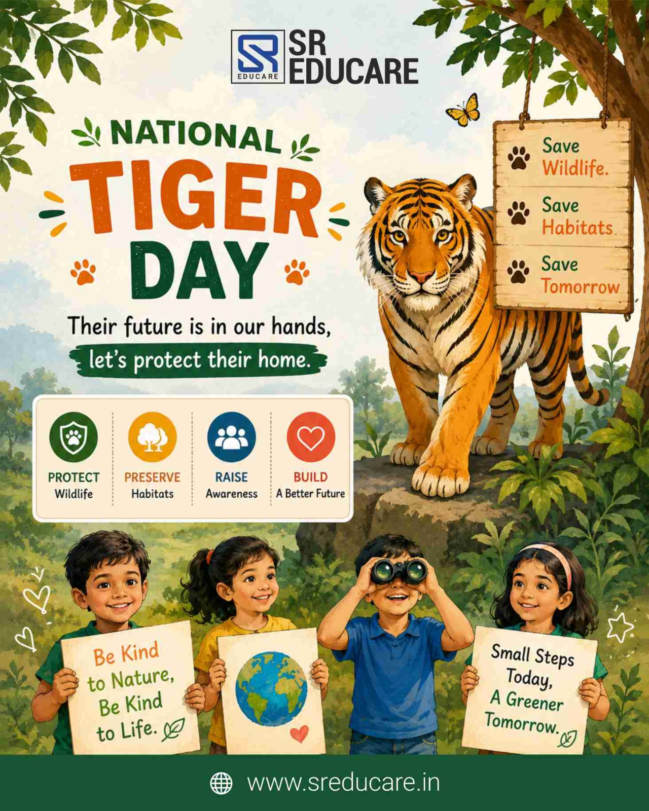 🐅 Happy International Tiger Day!🌿

Today, we celebrate the majestic tiger—a symbol of strength, courage, and the rich biodiversity of our planet. As we honor these magnificent creatures, let us also renew our commitment to protecting their natural habitats and preserving wildlife for future generations.

Every small step towards conservation helps create a safer world for tigers and a healthier environment for all.

Together, let's raise awareness and inspire action to ensure these incredible big cats continue to thrive in the wild. 💚

#InternationalTigerDay #SaveTigers #TigerConservation #WildlifeProtection #ProtectNature #Biodiversity #NatureConservation #EarthMatters #SREducare