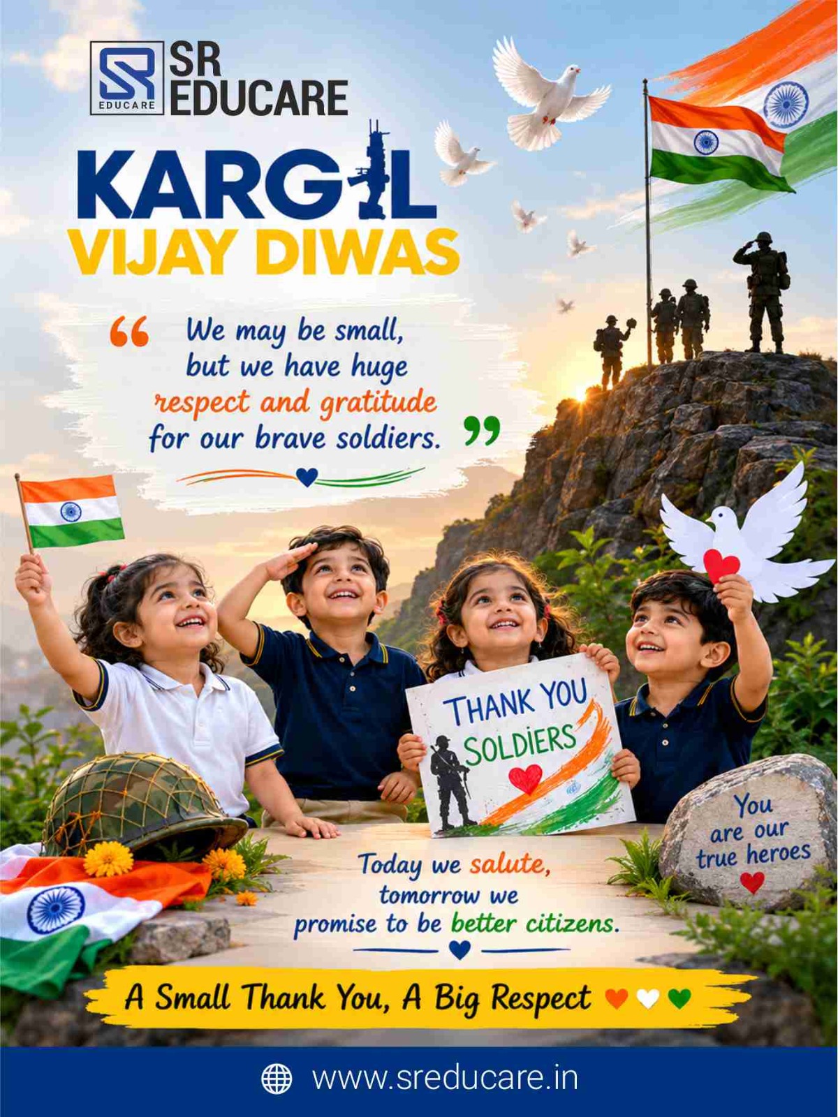 Today, we proudly remember the extraordinary courage, sacrifice, and unwavering spirit of the brave soldiers who safeguarded our nation's pride during the Kargil War. Their selfless devotion and fearless determination continue to inspire generations to serve the country with honor, resilience, and patriotism.

Let us salute the heroes who laid down their lives so that we may live in peace and freedom. Their legacy will forever remain etched in the heart of our nation.

Jai Hind! 

#KargilVijayDiwas #RememberTheBrave #IndianArmy #SaluteOurHeroes #Patriotism #JaiHind #NationFirst #KargilHeroes #SREducare